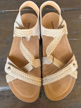 (39) Romika Women's Tan Braided Slingback Sandals Beach Garden Neutral Velcro